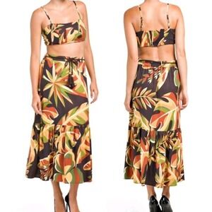 House of Harlow 1960 Tropical Floral 2 Piece Set Crop Top Maxi Skirt Brown Large
